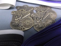 Mixed Lot Cheerleading Medals – 21 pcs – Gold – 2″ Black/Blue/White Neck Ribbons