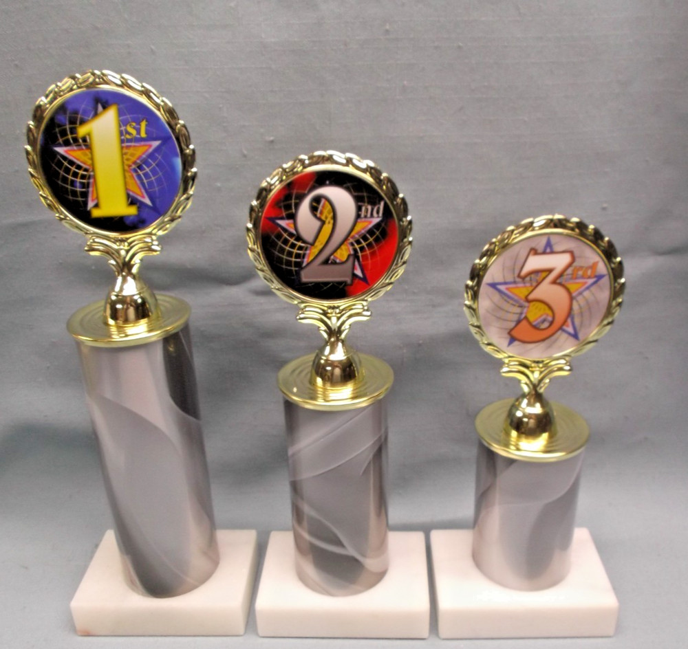 set of 3 place trophies award 1st 2nd 3rd star insert grey on white marble base