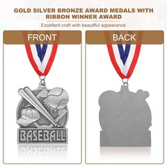 Baseball Court Print Silver Award Medals with Neck Ribbons, Silver