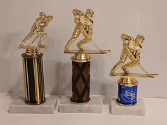 Used ICE HOCKEY Sports TROPHIES Lot Of 3 Marble Bases, Wood & Aluminum Columns