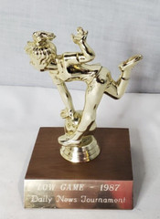 Vintage 1987 Wood Base Girls Bowling Trophy Gold Tone 5“