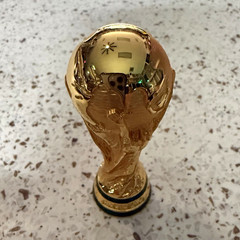 FIFA World Cup Soccer Trophy Mini Replica Gold Plastic w/ Black Stand in Box