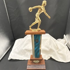 Bowling Trophy Gold Bowler Figure Plastic Column Brown Wood Base