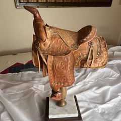 Equestrian Western Saddle Trophy Engraved Leather Topper Marble Wood Base