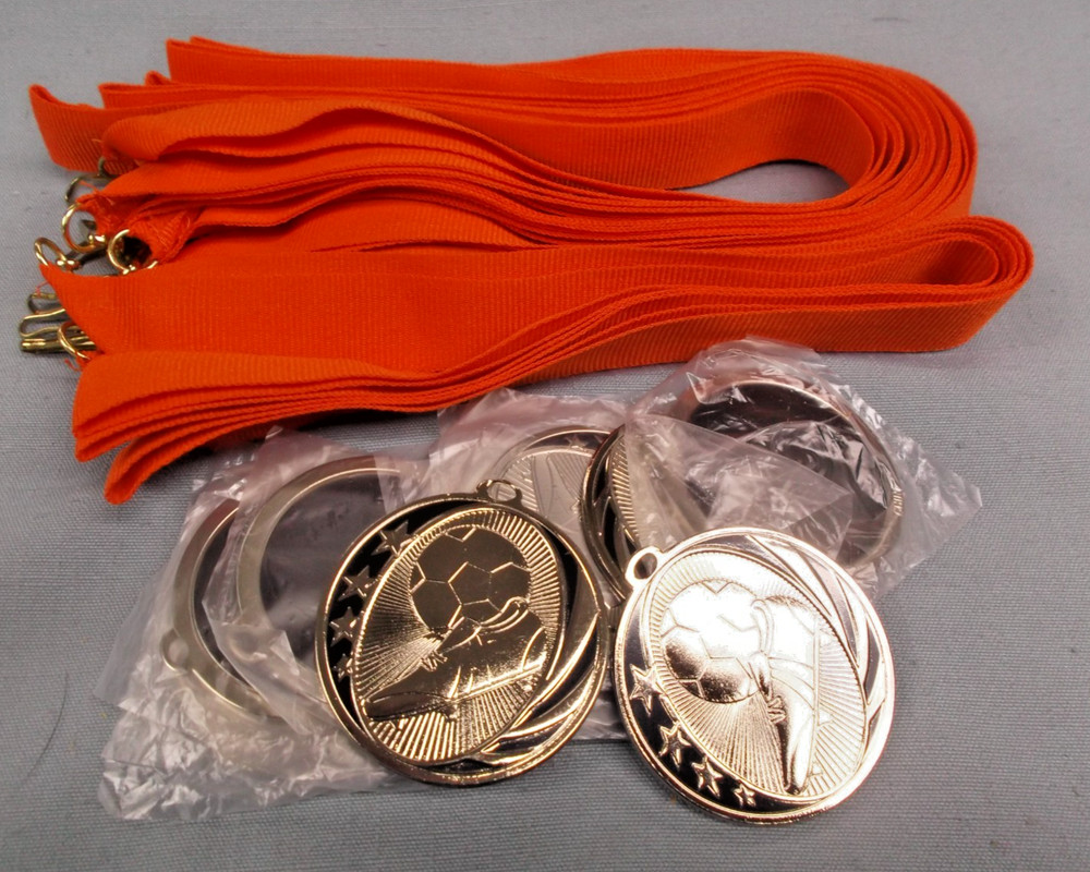 Lot of 13 Soccer Medals – 2″ Silver Star Style – Black Detail – Orange Drape