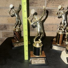 VTG 90s Tennis Trophies Lot of 7 Faux Wood Faux Marble Sports Awards Decor Prop