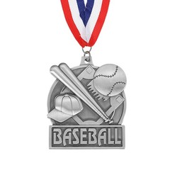 Baseball Court Print Silver Award Medals with Neck Ribbons, Silver