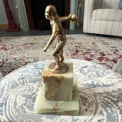 Bowling Trophy 1956-57 High Series Handicap Green Stone Base Gold Metal Topper