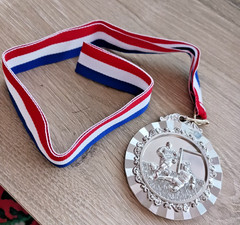Soccer Silver Medal – Metal Award with Red White Blue Ribbon – Sports Trophy
