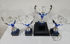 Set of 4 trophy award sport competition challenge game event blue silver black