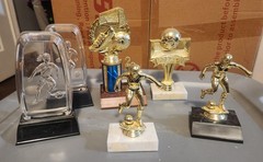 Assorted Sports Trophy Lot Soccer Baseball Basketball Gold Top Blue Column