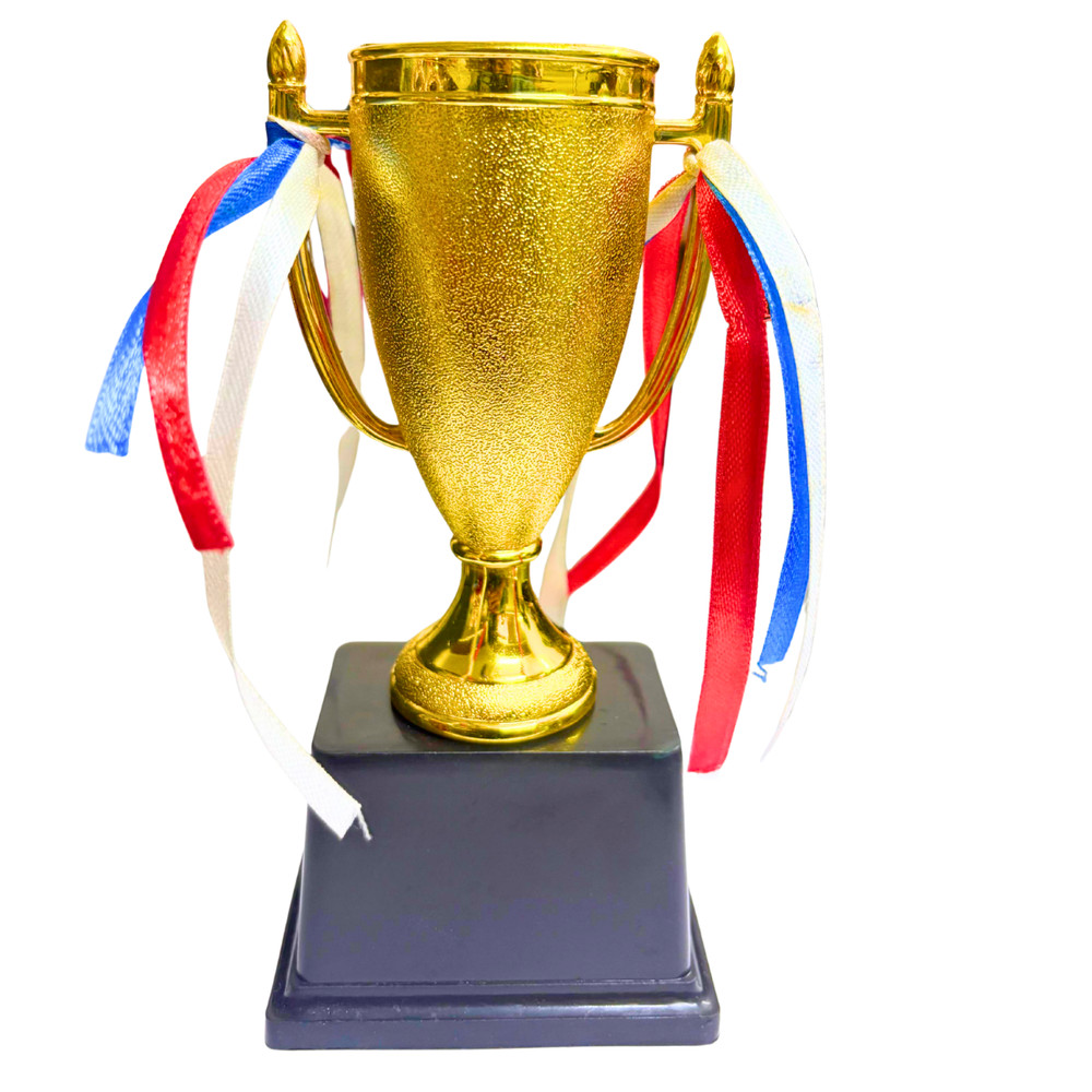 Shinning Gold Cup Trophy with Decorative Ribbons, Black Base || Logo Printing