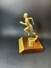 Vintage 1972 Running Track Trophy with Wood Base & Metal Runner Topper