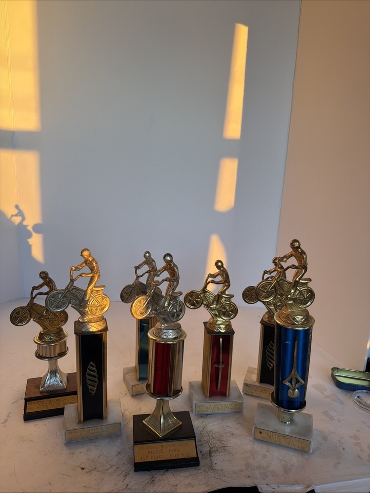 Lot Of 7 Vintage 70s Motocross Trophy’s Italian Marble/wood Base Brass Tone