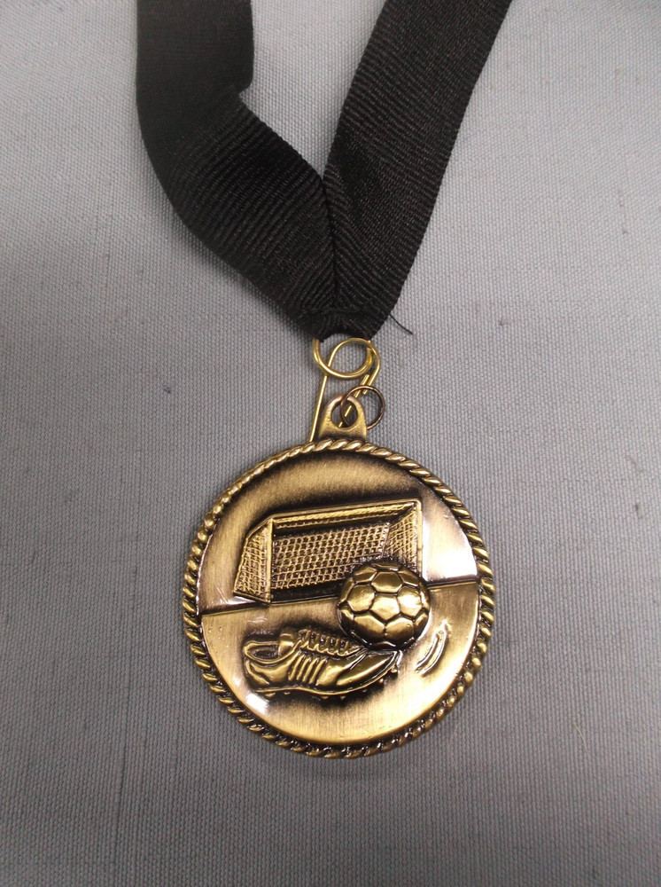 HR745 Soccer Medals – 2″ – Gold, Silver, Bronze – Black Neck Ribbons