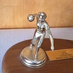 Custom Trophy Co. Bowling Trophy Engraved Silver/Gold Metal on Wood Base 10in