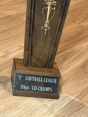 Vintage 1966 Softball YMCA Trophy 13.5” Wood Championship Award Metal Topper