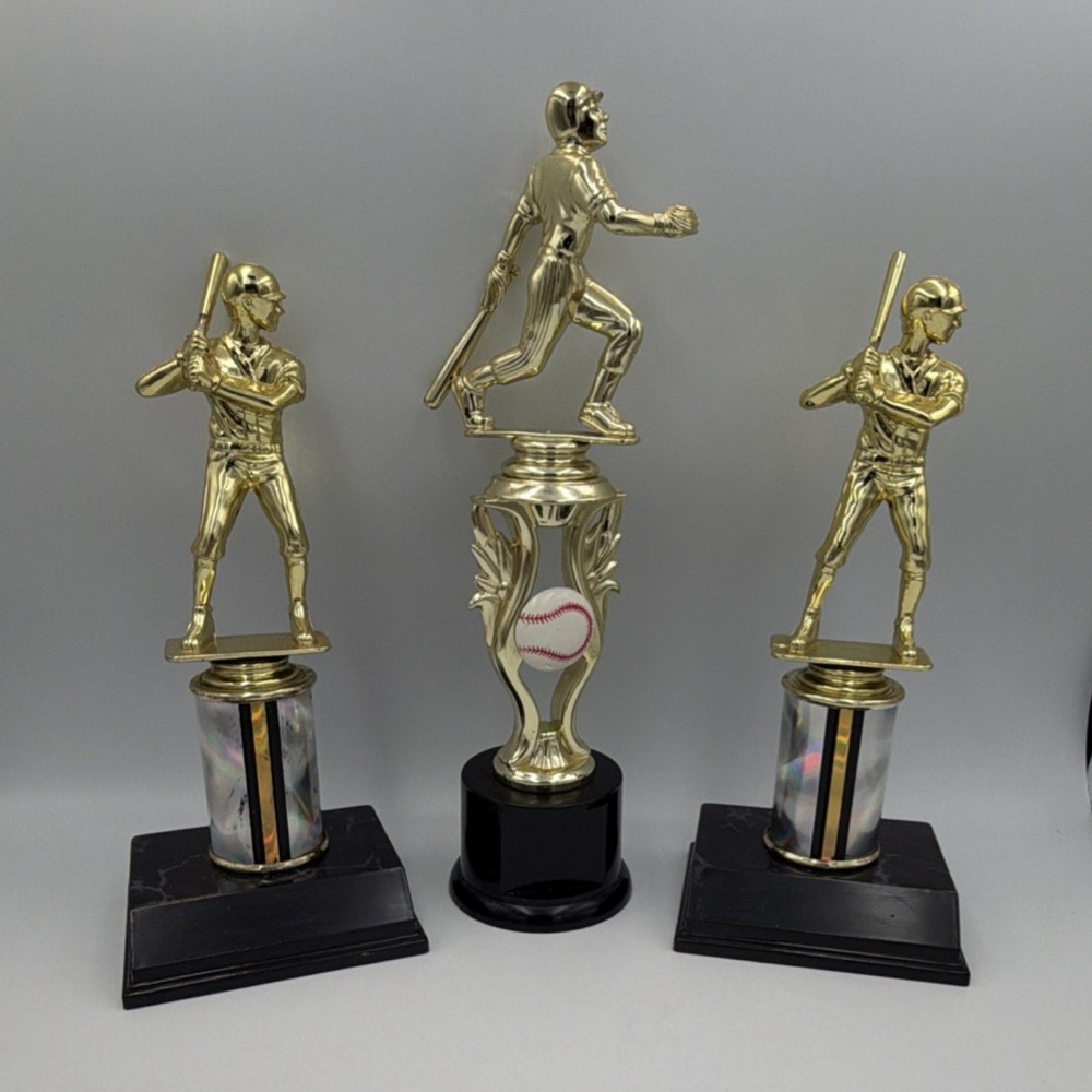 Baseball Trophy Lot of 3 Gold Plastic Topper Multicolor Column Black Base