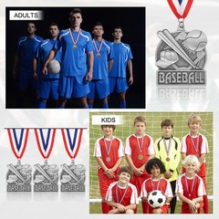 Baseball Court Print Silver Award Medals with Neck Ribbons, Silver