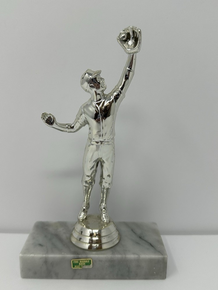 Vintage Trophy Silver Plastic Baseball Player On Heavy Marble Base 6.5” A1
