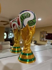 FIFA World Cup Style Soccer Trophy, Gold Column, Multicolor Ball, Green Stand