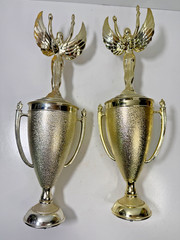 Antique Vintage Trophy Toppers Cup with angle lot of 2, Plastic. 14.5″ tall.