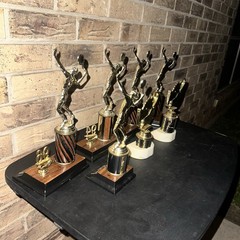 VTG 90s Tennis Trophies Lot of 7 Faux Wood Faux Marble Sports Awards Decor Prop