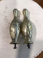2 Vintage Metal Bowling Pins From Trophies 5.75” Silver Black With Bolts Nuts