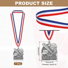 Baseball Court Print Silver Award Medals with Neck Ribbons, Silver