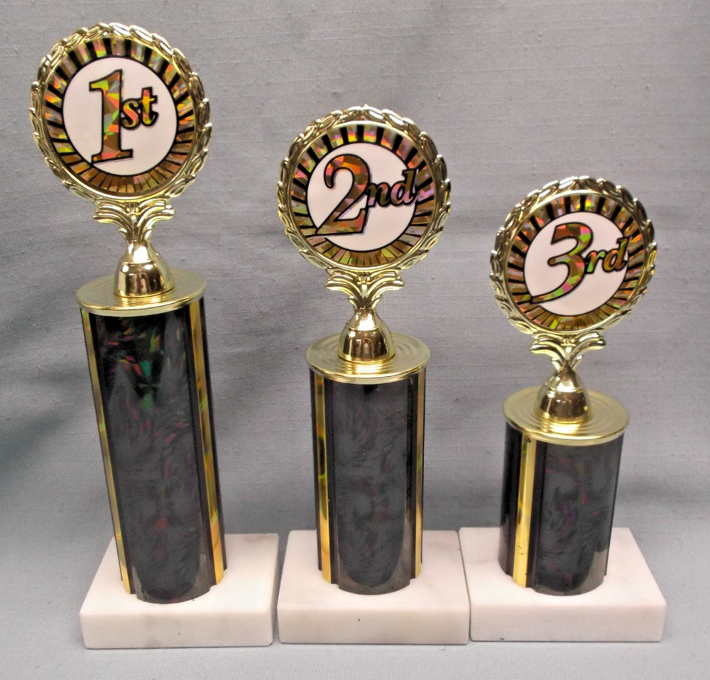 set of 3 place trophies award 1st 2nd 3rd gold insert black on white marble base