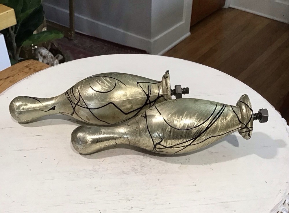 2 Vintage Metal Bowling Pins From Trophies 5.75” Silver Black With Bolts Nuts
