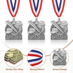 Baseball Court Print Silver Award Medals with Neck Ribbons, Silver