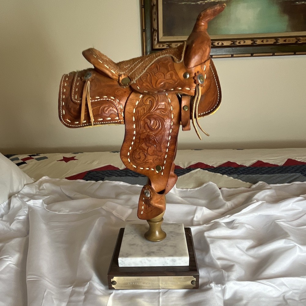 Equestrian Western Saddle Trophy Engraved Leather Topper Marble Wood Base