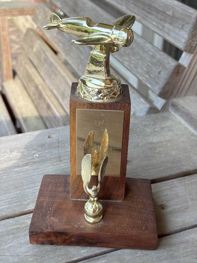 Vtg 1963 Aviation Trophy Gold Metal Airplane Topper, Wood Base Engraved 7 inch