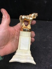 Vintage 1940s 50s Pot Metal Gold tone Horse on Plastic Base Trophy Statute 6 in