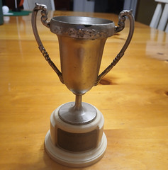 Silver Tone Metal Trophy Cup w/ Handles, White Base, Student Plastic Base