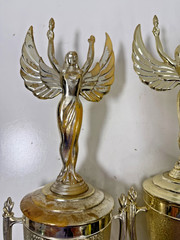Antique Vintage Trophy Toppers Cup with angle lot of 2, Plastic. 14.5″ tall.