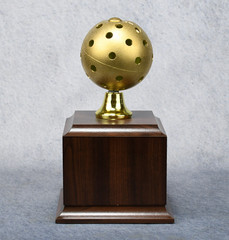 New MTS Gold Pickleball Trophy on Cherry Wood Base 7.75″