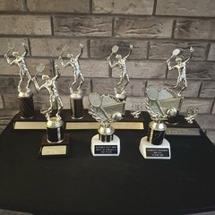 VTG 90s Tennis Trophies Lot of 7 Faux Wood Faux Marble Sports Awards Decor Prop