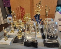 Assorted Sports Trophy Lot Soccer Baseball Basketball Gold Top Blue Column