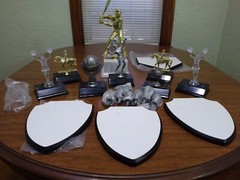Trophies Lot of Eight Base Mounts Baseball Basketball 4 Plaques NOS NEW
