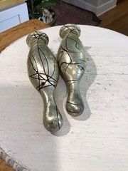 2 Vintage Metal Bowling Pins From Trophies 5.75” Silver Black With Bolts Nuts