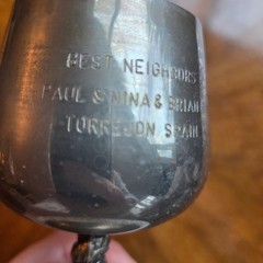 Vtg Trophy Cup Silver Brandy Glass Marble Base Torrejon Spain Engraved 7″ Tall