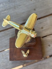 Vtg 1963 Aviation Trophy Gold Metal Airplane Topper, Wood Base Engraved 7 inch