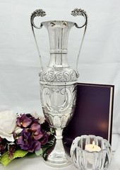 SWATKINS Silver Plated Engand Trophy Vase Chased Lion Handles Vintage St Anne’s*