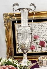 SWATKINS Silver Plated Engand Trophy Vase Chased Lion Handles Vintage St Anne’s*