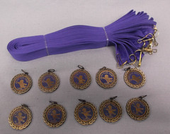 party pack of 10 youth last place champs bowling medals 1″ dia blue drape