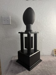 Custom Fantasy Football Champion Trophy, Blk Plastic Topper & Column, Wood Base