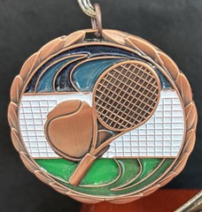 2 1/2” Bronze – Blue/Green Swirl Tennis Medal With Ribbon (See All Photos)