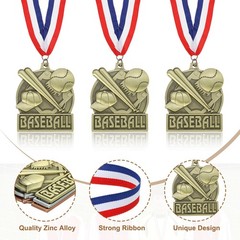 3 Pcs Baseball Court Print Gold Award Medals with Neck Ribbons, Gold